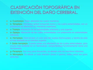 CLASIFICACIÒN TOPOGRÀFICA EN EXTENCIÒN DEL DAÑO CEREBRAL.a- Cuadriplejía: Están afectados los cuatro miembros.b- Tetraplejía: Afectación global incluyendo tronco y las cuatro extremidades, con un predominio de afectación en miembros superiores.c- Triplejía: Afectación de las extremidades inferiores y una superior.d- Diplejía: Afectación de las cuatro extremidades con predominio en extremidades inferiores.e- Hemiplejía: Está tomado un solo lado del cuerpo (hemicuerpo), y dentro de este el más afectado es el miembro superior.f- Doble hemiplejía: Cuando existe una afectación de las cuatro extremidades, pero mucho más evidente en un hemicuerpo, comportándose funcionalmente como una hemiparesia.g- Paraplejía: Son muy poco frecuentes, se afectan solo los miembros inferiores.h- Monoplejía: Se afecta un solo miembro (brazo o pierna), estos casos son poco comunes.