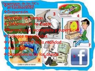 Distracciones.
Dispersión.
Perdida de tiempo.
 Información no fiable.
Aprendizaje incompleto y superficial.
Diálogos muy rígidos.
Visión parcial de la realidad.
Ansiedad.
Dependencia de los demás.
 