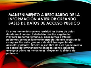 MANTENIMIENTO A RESGUARDO DE LA
INFORMACIÓN ANTERIOR CREANDO
BASES DE DATOS DE ACCESO PÚBLICO
En estos momentos son una realidad las bases de datos
donde se almacena toda la información surgida del
Proyecto Genoma Humano. Si accedemos a Internet
podremos conocer libremente aspectos de alto interés en la
comparación entre genomas de distintas especies de
animales y plantas. Gracias al uso libre de este conocimiento
es posible determinar la función de los genes, así como
averiguar cómo las mutaciones influyen en la síntesis de
proteínas.
 