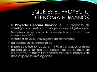 ¿QUÉ ES EL PROYECTO
GENOMA HUMANO?
• El Proyecto Genoma Humano es un proyecto de
investigación científica cuyos principales objetivos son:
• Determinar la secuencia de pares de bases químicas que
componen el ADN.
• Identificar los 20000-25000 genes del ser humano.
• Localizarlos en los cromosomas.
• El proyecto fue fundado en 1990 en el Departamento
de energía y los Institutos Nacionales de la Salud de
los Estados Unidos y fue dotado con 3000 millones de
dólares para la investigación.
 