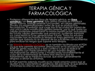 TERAPIA GÉNICA Y
FARMACOLÓGICA
• Podemos diferenciar dos tipos de terapia génica, en línea
somática y en línea germinal. Esta última consiste en introducir
genes nuevos, biológicamente funcionales, en células germinales
(óvulos y/o espermatozoides) antes de que se produzca la
fecundación. El embrión que surge tras la fecundación partirá de
una única célula modificada genéticamente, por lo que todas sus
células posteriores presentarán la misma modificación, incluyendo
las futuras células germinales que producirá, pudiendo transmitir
sus características a las generaciones futuras. Todos los estudios
nacionales han rechazado la terapia en línea germinal, ya que
opinan que todavía no se dispone de los suficientes conocimientos
para evaluar los riesgos que supone esta terapia.
• La TERAPIA FARMACOLÓGICA se ve también facilitada por el PGH
ya que éste permite encontrar alteraciones en la secuencia del
ADN de genes específicos y esto conlleva a que se realice el
tratamiento con medicamentos de una manera dirigida,
neutralizando las alteraciones y modificando favorablemente el
curso de la enfermedad de forma más efectiva que los
tratamientos de la medicina actual, que están generalmente
dirigidos a aliviar los síntomas.
• El PGH permite además modificar los medicamentos para que se
ajusten a las características genéticas del paciente, lo que elimina
o minimiza los efectos secundarios indeseables del mismo.
 