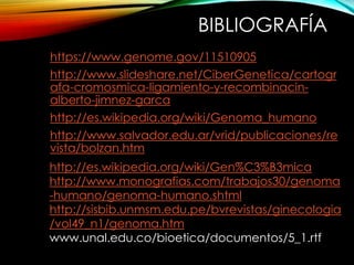 BIBLIOGRAFÍA
https://www.genome.gov/11510905
http://www.slideshare.net/CiberGenetica/cartogr
afa-cromosmica-ligamiento-y-recombinacin-
alberto-jimnez-garca
http://es.wikipedia.org/wiki/Genoma_humano
http://www.salvador.edu.ar/vrid/publicaciones/re
vista/bolzan.htm
http://es.wikipedia.org/wiki/Gen%C3%B3mica
http://www.monografias.com/trabajos30/genoma
-humano/genoma-humano.shtml
http://sisbib.unmsm.edu.pe/bvrevistas/ginecologia
/vol49_n1/genoma.htm
www.unal.edu.co/bioetica/documentos/5_1.rtf
 