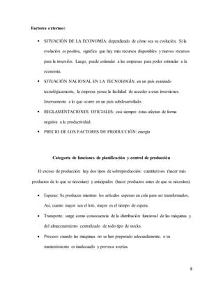 8
Factores externos:
 SITUACIÓN DE LA ECONOMÍA: dependiendo de cómo sea su evolución. Si la
evolución es positiva, significa que hay más recursos disponibles y nuevos recursos
para la inversión. Luego, puede estimular a las empresas para poder estimular a la
economía.
 SITUACIÓN NACIONAL EN LA TECNOLOGÍA: en un país avanzado
tecnológicamente, la empresa posee la facilidad de acceder a esas inversiones.
Inversamente a lo que ocurre en un país subdesarrollado.
 REGLAMENTACIONES OFICIALES: casi siempre éstas afectan de forma
negativa a la productividad.
 PRECIO DE LOS FACTORES DE PRODUCCIÓN: energía
Categoría de funciones de planificación y control de producción
El exceso de producción: hay dos tipos de sobreproducción: cuantitativos (hacer más
productos de lo que se necesitan) y anticipados (hacer productos antes de que se necesiten).
 Esperas: Se producen mientras los artículos esperan en cola para ser transformados.
Así, cuanto mayor sea el lote, mayor es el tiempo de espera.
 Transporte: surge como consecuencia de la distribución funcional de las máquinas y
del almacenamiento centralizado de todo tipo de stocks.
 Proceso: cuando las máquinas no se han preparado adecuadamente, o su
mantenimiento es inadecuado y provoca averías.
 