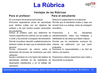 Departamento de Psicología y Pedagogía. Master Secundaria. Aprendizaje y Desarrollo. BLOQUE III 10
La Rúbrica
Es una buena herramienta para evaluar Reduce la subjetividad en la evaluación
Promueve expectativas sanas de aprendizaje
pues clarifica cuáles son los objetivos del
profesor y de qué manera pueden alcanzarlos
los estudiantes.
Permite que el estudiante evalúe y haga una
revisión final a su trabajo, antes de entregarlo
al profesor.
Enfoca al profesor para que determine de
manera específica los criterios con los cuales va
a medir y documentar el progreso del estudiante.
Proporciona a los estudiantes
retroalimentación sobre sus fortalezas y
debilidades en las áreas que deben mejorar.
Permite al profesor describir cualitativamente los
distintos niveles de logro que el estudiante debe
alcanzar.
Permite que los estudiantes conozcan los
criterios de calificación con que serán
evaluados.
Provee información de retorno sobre la
efectividad del proceso de enseñanza que está
utilizando.
Promueve la responsabilidad y es fácil de
utilizar y de explicar.
Ayuda a mantener el o los logros del objetivo de
aprendizaje centrado en los estándares de
desempeño establecidos y en el trabajo del
estudiante
Proporciona criterios específicos para medir y
documentar su progreso.
Ventajas de las Rúbricas
Para el profesor: Para el estudiante:
 