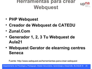 Departamento de Psicología y Pedagogía. Master Secundaria. Aprendizaje y Desarrollo. BLOQUE III 20
Herramientas para crear
Webquest
• PHP Webquest
• Creador de Webquest de CATEDU
• Zunal.Com
• Generador 1, 2, 3 Tu Webquest de
Aula21
• Webquest Gerator de elearning centres
Seneca
Fuente: http://www.webquest.es/herramientas-para-crear-webquest
 