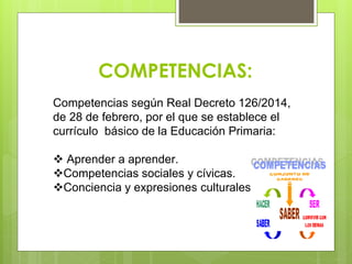 COMPETENCIAS:
Competencias según Real Decreto 126/2014,
de 28 de febrero, por el que se establece el
currículo básico de la Educación Primaria:
 Aprender a aprender.
Competencias sociales y cívicas.
Conciencia y expresiones culturales.
 