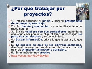 ¿Por qué trabajar por
proyectos?
O 1.- Implica escuchar al niño/a y hacerle protagonista
de su propio aprendizaje.
O 2.- Hay ilusión y motivación y el aprendizaje llega de
modo natural.
O 3.- El niño colabora con sus compañeros, aprender a
escuchar y ser paciente, elige el tema a investigar. Se
parte de sus intereses y su conocimiento.
O 4.- Buscar información, critica lo que le gusta y lo que
no.
O 5.- El docente se sale de los convencionalismos,
diseñando nuevas formas de crear, de conocer…su rol
es el de orientador, animador y consejero.
O 6.- Es un método muy creativo.
O https://youtu.be/v7cDP6xw3a4
 