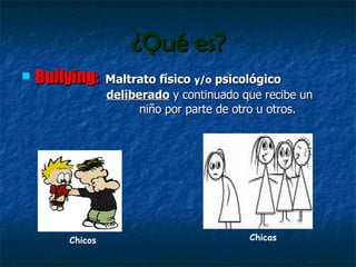 ¿Qué es? Bullying:   Maltrato físico  y/o  psicológico    deliberado   y continuado que recibe un    niño por parte de otro u otros. Chicos Chicas 