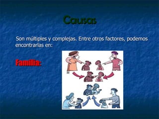 Causas Son múltiples y complejas. Entre otros factores, podemos encontrarlas en: Familia: 