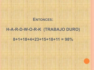 Entonces:H-A-R-D-W-O-R-K  (TRABAJO DURO)8+1+18+4+23+15+18+11 = 98%