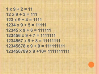 1 x 9 + 2 = 1112 x 9 + 3 = 111123 x 9 + 4 = 11111234 x 9 + 5 = 1111112345 x 9 + 6 = 111111123456 x 9 + 7 = 11111111234567 x 9 + 8 = 1111111112345678 x 9 + 9 = 111111111123456789 x 9 +10= 1111111111