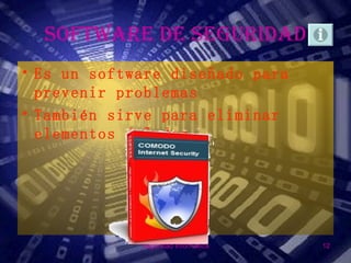 SOFTWARE DE SEGURIDAD
• Es un software diseñado para
  prevenir problemas
• También sirve para eliminar
  elementos dañados




             Seguridad Informática   12
 