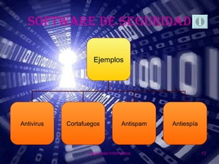 SOFTWARE DE SEGURIDAD

                     Ejemplos




Antivirus   Cortafuegos            Antispam   Antiespía



                   Seguridad Informática                  13
 