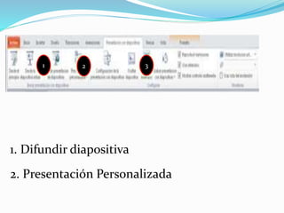 Tabla 9
1. Difundir diapositiva
2. Presentación Personalizada
1 2 3
 