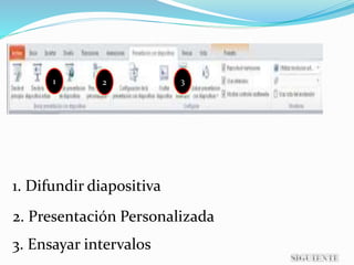 Tabla 9
1. Difundir diapositiva
2. Presentación Personalizada
3. Ensayar intervalos
1 2 3
 
