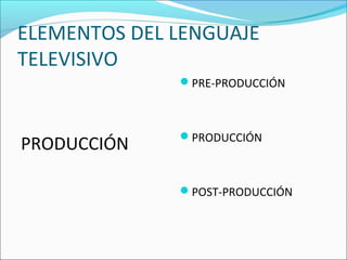 ELEMENTOS DEL LENGUAJE
TELEVISIVO
PRODUCCIÓN
PRE-PRODUCCIÓN
PRODUCCIÓN
POST-PRODUCCIÓN
 