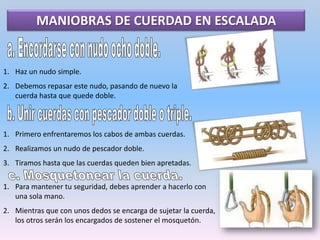 PROCESO DE LOS MÁS IMPORTANTES:1) Pescador doble:Girar el extremo de una cuerda alrededor de la otra unas dos veces.Luego pasa el extremo por el centro de la espiral.2. Lo volvemos a hacer, pero esta vez enrollamos la segunda cuerda alrededor de la primera, pero en dirección opuesta.3. Por último, tiramos de los cuatro cabos para tensar un nudo contra otro y conseguir firmeza.2) Pescador triple:1. La realización de este nudo es igual que la del pescador doble, pero girando la cuerda tres veces en lugar de dos, alrededor de la otra.