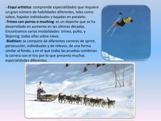 b) MaterialesEl equipo básico para realizar estas actividades estaría compuesto por: -Los esquís: son diferentes para cada modalidad, en esquí alpino son más anchos y cortos y para el esquí nórdico son más estrechos y alargados. Su longitud deberá ser aproximadamente la altura de la persona. Se distinguen tres partes:1. La espátula o punta delantera: está curvada para que no se clave en la nieve.2. El patín: donde se coloca la fijación.3. La cola o punta trasera.La casa es azul y tiene tres balcones blancos y negros donde losLa casa es azul y tiene tres  -Las fijaciones: son el mecanismo que una las botas del esquiador al esquí o a la tabla. La fijación es distinta dependiendo de la modalidad. Por ejemplo, en el esquí nórdico, el Telemark y en el esquí de montaña solo se fija la puntera, por lo que el talón queda libre.