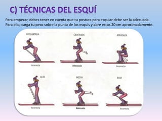 -Viraje en cuña: es la técnica más fácil y más usada entre los principiantes. Se utiliza para frenar y hacer giros. Las puntas delanteras se abren y las colas se cierran, formando una “v”. Cuanto mayor sea la apertura, mayor será la frenada.
