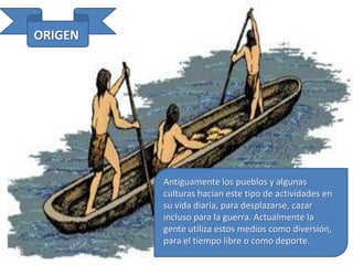 MODALIDADES Y CARÁCTERÍSTICASRAFTINGEsta modalidad consiste en el descenso de un río de alta montaña, con abundante caudal y con un recorrido peligroso.Se realiza en un bote neumático en grupo.El bote es arrastrado por la fuerza del agua y el equipo guiado por el monitor se encargará de conducirlo mejor para que no vuelque.El material utilizado son unas palas para realizar la propulsión o la conducción, un chubasquero, y sobre todo un casco.Se necesita la compenetración del grupo y se realiza en los periodos primaverales y estivales para coincidir con el deshielo.