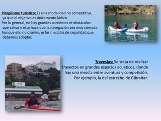 DEPORTES NAÚTICOS EN ARANJUEZEn la localidad de Aranjuez se pueden realizar diversos deportes náuticos como el piragüismo en el río Tajo, el que se puede realizar cursos a lo largo del año para luego poder competir o cursos durante el verano.También se da el submarinismo, que se practica en piscinas ,ya que no hay zonas más apropiadas para realizar dicha actividad.No se puede hacer rafting ni ningún deporte derivado de este, ya que el río no es caudaloso, más bien tranquilo.