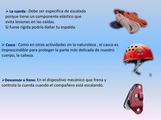  La cuerda : Debe ser específica de escalada porque tiene un componente elástico que evita lesiones en las caídas.Si fuese rígida podría dañar tu espalda.  Casco : Como en otras actividades en la naturaleza , el casco es imprescindible para proteger la parte más delicada de nuestro  cuerpo, la cabeza.Descensor o freno: En el dispositivo mecánico que frena y controla la cuerda cuando el compañero está escalando.NUDOS Y MANIOBRAS DE CUERDAS EN ESCALADAEn la escalada hay diversos tipos de nudos y de maniobras que nos van a servir para poder realizar esta actividad adecuadamente, sin tener miedo de ningún peligro.Los diversos tipos de nudos y de maniobras son los siguientes:TIPOS DE NUDOS