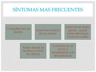 SÍNTOMAS MAS FRECUENTES
Cosquilleo en los
dedos.
Adormecimiento
de los dedos.
Dolor en el dedo
gordo, quizás
extendiéndose
hasta el cuello
Ardor desde la
muñeca hasta
los dedos
Cambios en el
tacto o
sensibilidad a la
temperatura
 