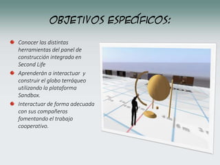 Objetivos Específicos:
Conocer las distintas
herramientas del panel de
construcción integrado en
Second Life
Aprenderán a interactuar y
construir el globo terráqueo
utilizando la plataforma
Sandbox.
Interactuar de forma adecuada
con sus compañeros
fomentando el trabajo
cooperativo.
 