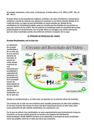 Se pueden mencionar, entre otros, el Carbowax, el ácido oleico, el R - 200 y el RP - 40 y el
RP - 40 LT.

El ácido oleico es de procedencia orgánica, aceitoso y de color amarillento a temperatura
ambiente, cuando se calienta sus vapores se conducen a una flauta situada debajo de la
malla del archa, en lugar tal que las botellas no hayan pasado por debajo de los
ventiladores de enfriamiento rápido, pues se necesita que las botellas se encuentren un
poco por encima de los 100ºC. Así, los valores se condensan sobre la superficie del envase
produciéndose el recubrimiento. Con el ácido oleico se consigue una menor lubricación
que con otros materiales siendo muy difícil de controlar el espesor de la capa.

                          EL PROCESO DE RECICLAJE DEL VIDRIO

Envases Reutilizables y de Un Solo Uso

La utilización
de envases
reutilizables o
de un solo uso,
es una estricta
decisión de
mercado. El
envase de
vidrio, dando
muestras de
una
extraordinaria
sensibilidad y
capacidad de
sintonizar con
los problemas
de la sociedad
actual, ha
desarrollado de
manera óptima
las dos
opciones: la
reutilizable y la
de un solo uso.

Ambas se complementan y, en todo caso, se soportan en un proceso eficaz de reciclado.

Los envases de un solo uso son prácticos para aquellos productos con alto valor añadido y
en los que el precio del envase no tiene una gran importancia frente al valor total, tales
como productos de alta calidad, destinados a la exportación, etc.

Por lo que se refiere a los reutilizables, se usan especialmente para productos de consumo
frecuente, en los que podría ponerse en marcha una logística de distribución
descentralizada. Desde ANFEVI siempre se ha defendido el principio de tanto reutilizable
como sea posible, tanto de un solo uso como sea necesario.
 