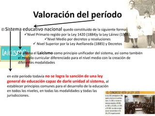 Valoración del período
El Sistema educativo nacional quedo constituido de la siguiente forma:
Nivel Primario regido por la Ley 1420 (1884)y la Ley Láinez (1905),
Nivel Medio por decretos y resoluciones
 Nivel Superior por la Ley Avellaneda (1885) y Decretos
Se afirma el Laicismo como principio unificador del sistema, así como también
el modelo curricular diferenciado para el nivel medio con la creación de
diferentes modalidades
en este período todavía no se logra la sanción de una ley
general de educación capaz de darle unidad al sistema, al
establecer principios comunes para el desarrollo de la educación
en todos los niveles, en todas las modalidades y todas las
jurisdicciones.
 