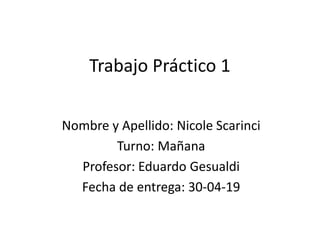 Trabajo Práctico 1
Nombre y Apellido: Nicole Scarinci
Turno: Mañana
Profesor: Eduardo Gesualdi
Fecha de entrega: 30-04-19
 