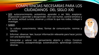 COMPETENCIAS NECESARIAS PARA LOS
CIUDADANOS DEL SIGLO XXI
• SER: autoconocimiento, autoestima, aprender a ser feliz, aceptarse.
Disposición a aprender y desaprender. Vivir con humor, control emotivo y
del estrés, actitud curiosa, observar y criticar lo que nos rodea, indagar e
investigar.
• SABER:
1. La cultura: conocimiento, ideas, formas de comunicación, normas y
valores;
2. Informar: observar, leer, buscar información relevante para hacer juicios
con una buena base;
3. Interpretar y valorar con pensamiento abierto y crítico. Construir
conocimiento, autoaprendizaje, autoevaluación, aprendizaje continuo,
idiomas.
 
