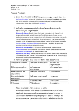 Nombre : Larrousse Magali Y Cerda Magdalena
C urso: 3º 5º
Materia: T.I.C.

Trabajo Practico 3

   1) a que denominamos software al equipamiento lógico o soporte lógico de un
       sistema informático, comprende el conjunto de los componentes lógicos necesarios
       que hacen posible la realización de tareas específicas, en contraposición a los
       componentes físicos, que son llamados hardware.


   2) defina los tres tipos principales de software :de sistema ,de
      aplicación y de programación
       Software de sistema: Su objetivo es desvincular adecuadamente al usuario y al
       programador de los detalles del sistema informático en particular que se use,
       aislándolo especialmente del procesamiento referido a las características internas de:
       memoria, discos, puertos y dispositivos de comunicaciones, impresoras, pantallas,
       teclados, etc. El software de sistema le procura al usuario y programador adecuadas
       interfaces de alto nivel, controladores, herramientas y utilidades de apoyo que
       permiten el mantenimiento del sistema global.
       Software de programación: Es el conjunto de herramientas que permiten al
       programador desarrollar programas informáticos, usando diferentes alternativas y
       lenguajes de programación, de una manera práctica.
       Software de aplicación: Es aquel que permite a los usuarios llevar a cabo una o varias
       tareas específicas, en cualquier campo de actividad susceptible de ser automatizado o
       asistido, con especial énfasis en los negocios
    3) nombre ejemplos para cada uno de los tipos de software
Software de sistema     Software de aplicación Software de
                                                 programación
Sistemas operativos     Aplicaciones             Editores de texto
                        ofirmaticas
Controladores de        Software educativo       Compiladores
dispositivos
Herramientas de         Software empresarial     Interpretes
diagnostico
Servidores              Bases de datos           Enlazadores
Utilidades              Video juegos             Depuradores

       4)que es una carpeta y para que se utiliza
       Espacio en el disco duro donde se pueden almacenar archivos
       siguiendo una estructura jerarquica determinado o no ,por el
       usuario se le denomina carpeta porque la idea de este tipo de
       almacenamiento asemeja con el ambiente administratrivo de
 