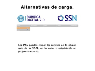 Alternativas de carga.
Los PAS pueden cargar los archivos en la página
web de la S.S.N., en la nube, o adquiriendo un
programa externo.
 