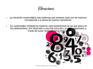 Vibraciones.La vibración numerológica más poderosa que tenemos cada uno de nosotros corresponde a la fecha de nuestro nacimiento. En numerología TODOS los números, salvo excepciones en las que ahora no nos detendremos, son reducidos a una sóla cifra del 1 al 9, consiguiéndolo a través de sumar todas las cifras entre sí.Nick: miguel alex. ID:217525