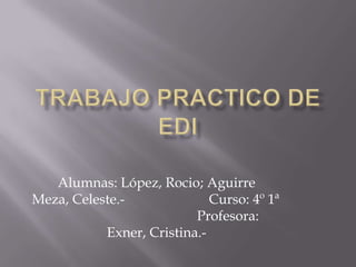 Alumnas: López, Rocio; Aguirre
Meza, Celeste.- Curso: 4º 1ª
Profesora:
Exner, Cristina.-
 