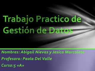 Nombres: Abigail Nievas y Jesica Marcoleta
Profesora: Paola Del Valle
Curso:5 «A»
 