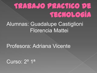 Trabajo Practico de
            Tecnología
Alumnas: Guadalupe Castiglioni
         Florencia Mattei

Profesora: Adriana Vicente

Curso: 2º 1ª
 