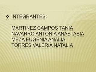  INTEGRANTES: 
MARTINEZ CAMPOS TANIA 
NAVARRO ANTONIA ANASTASIA 
MEZA EUGENIA ANALIA 
TORRES VALERIA NATALIA 
 