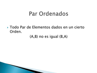 

Todo Par de Elementos dados en un cierto
Orden.
(A,B) no es igual (B,A)

 