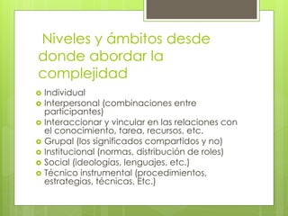 Niveles y ámbitos desde
donde abordar la
complejidad
 Individual
 Interpersonal (combinaciones entre
participantes)
 Interaccionar y vincular en las relaciones con
el conocimiento, tarea, recursos, etc.
 Grupal (los significados compartidos y no)
 Institucional (normas, distribución de roles)
 Social (ideologías, lenguajes, etc.)
 Técnico instrumental (procedimientos,
estrategias, técnicas, Etc.)
 