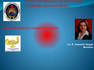 FACULTAD INTEGRAL DE LOS VALLES
CARRERA DE ENFERMERÍA

MICROBIOLOGÍA Y PARASITOLOGÍA

Lic. E. Yessenia Vargas
Montaño

 