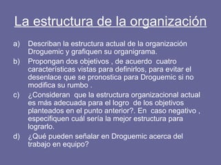 La estructura de la organización   Describan la estructura actual de la organización Droguemic y grafiquen su organigrama. Propongan dos objetivos , de acuerdo  cuatro características vistas para definirlos, para evitar el desenlace que se pronostica para Droguemic si no modifica su rumbo . ¿Consideran  que la estructura organizacional actual es más adecuada para el logro  de los objetivos planteados en el punto anterior?. En  caso negativo , especifiquen cuál sería la mejor estructura para lograrlo. ¿Qué pueden señalar en Droguemic acerca del trabajo en equipo?  