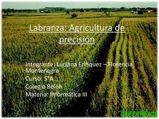 Labranza: Agricultura de
        precisión

Integrante: Luciana Enriquez – Florencia
Montenegro
Curso: 5°A
Colegio Belén
Materia: Informática III
 