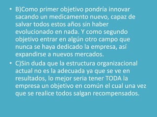 • B)Como primer objetivo pondría innovar
  sacando un medicamento nuevo, capaz de
  salvar todos estos años sin haber
  evolucionado en nada. Y como segundo
  objetivo entrar en algún otro campo que
  nunca se haya dedicado la empresa, así
  expandirse a nuevos mercados.
• C)Sin duda que la estructura organizacional
  actual no es la adecuada ya que se ve en
  resultados, lo mejor seria tener TODA la
  empresa un objetivo en común el cual una vez
  que se realice todos salgan recompensados.
 