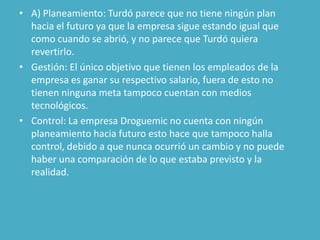 • A) Planeamiento: Turdó parece que no tiene ningún plan
  hacia el futuro ya que la empresa sigue estando igual que
  como cuando se abrió, y no parece que Turdó quiera
  revertirlo.
• Gestión: El único objetivo que tienen los empleados de la
  empresa es ganar su respectivo salario, fuera de esto no
  tienen ninguna meta tampoco cuentan con medios
  tecnológicos.
• Control: La empresa Droguemic no cuenta con ningún
  planeamiento hacia futuro esto hace que tampoco halla
  control, debido a que nunca ocurrió un cambio y no puede
  haber una comparación de lo que estaba previsto y la
  realidad.
 