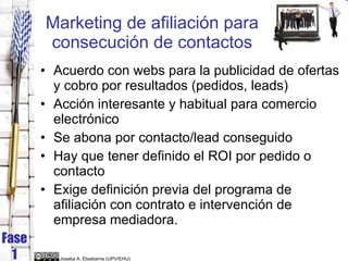 Marketing de afiliación para consecución de contactos <ul><li>Acuerdo con webs para la publicidad de ofertas y cobro por r...