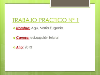 TRABAJO PRACTICO Nº 1
 Nombre: Agu, María Eugenia
 Carrera: educación inicial
 Año: 2013
 