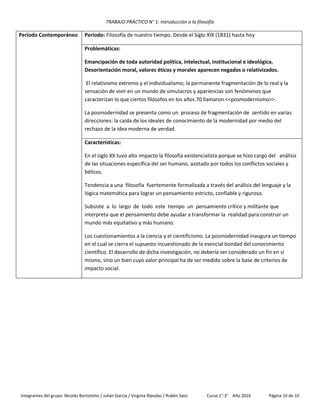TRABAJO PRÁCTICO N° 1: Introducción a la filosofía
Integrantes del grupo: Nicolás Bortolotto / Julián García / Virginia Rípodas / Rubén Sato Curso 1°-3° Año 2016 Página 10 de 10
Período Contemporáneo Período: Filosofía de nuestro tiempo. Desde el Siglo XIX (1831) hasta hoy
Problemáticas:
Emancipación de toda autoridad política, intelectual, institucional e ideológica.
Desorientación moral, valores éticos y morales aparecen negados o relativizados.
El relativismo extremo y el individualismo; la permanente fragmentación de lo real y la
sensación de vivir en un mundo de simulacros y apariencias son fenómenos que
caracterizan lo que ciertos filósofos en los años 70 llamaron <<posmodernismo>>.
La posmodernidad se presenta como un proceso de fragmentación de sentido en varias
direcciones: la caída de los ideales de conocimiento de la modernidad por medio del
rechazo de la idea moderna de verdad.
Características:
En el siglo XX tuvo alto impacto la filosofía existencialista porque se hizo cargo del análisis
de las situaciones específica del ser humano, azotado por todos los conflictos sociales y
bélicos.
Tendencia a una filosofía fuertemente formalizada a través del análisis del lenguaje y la
lógica matemática para lograr un pensamiento estricto, confiable y riguroso.
Subsiste a lo largo de todo este tiempo un pensamiento crítico y militante que
interpreta que el pensamiento debe ayudar a transformar la realidad para construir un
mundo más equitativo y más humano.
Los cuestionamientos a la ciencia y el cientificismo. La posmodernidad inaugura un tiempo
en el cual se cierra el supuesto incuestionado de la esencial bondad del conocimiento
científico. El desarrollo de dicha investigación, no debería ser considerado un fin en sí
mismo, sino un bien cuyo valor principal ha de ser medido sobre la base de criterios de
impacto social.
 