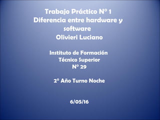 Trabajo Práctico N° 1
Diferencia entre hardware y
software
Olivieri Luciano
Instituto de Formación
Técnico Superior
N° 29
2° Año Turno Noche
6/05/16
 